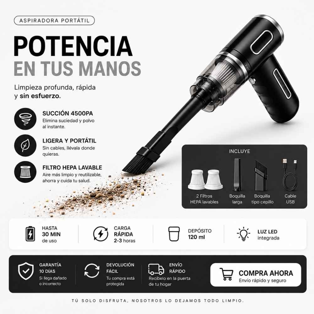 PocketClean™ Aspiradora Portátil Inalámbrica | La forma más rápida de mantener tu auto y tu hogar siempre impecables.